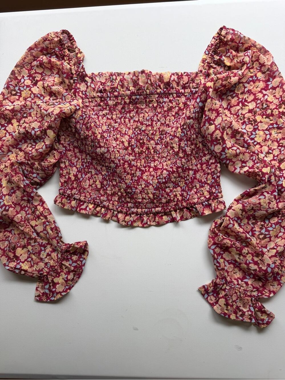 Japna Floral Smocked Long Sleeve Crop Top Medium burgundy